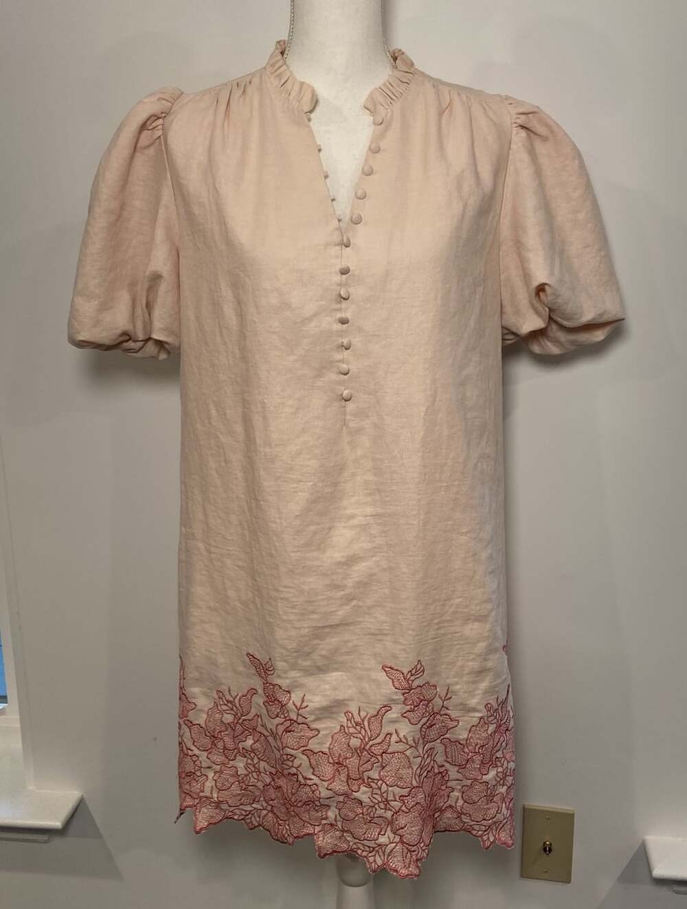 NWT Philosophy Dress Sheath Puff Sleeves Linen Blend Embroidery Pink M New